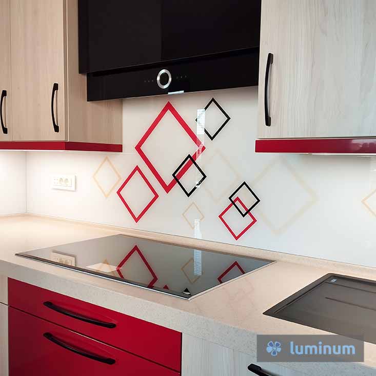Steklena kuhinjska obloga z rdečim motivom kvadrati geometrijski vzorec, prilagodljiva barva kuhinjskega stekla Luminum, Steklena kuhinjska obloga z rdečim motivom kvadrati geometrijski vzorec, prilagodljiva barva kuhinjskega stekla Luminum, Ni steklium ali fuzija